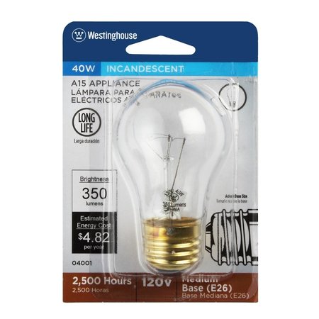 WESTINGHOUSE 40 W A15 Appliance Incandescent Bulb E26 (Medium) Warm White 04001